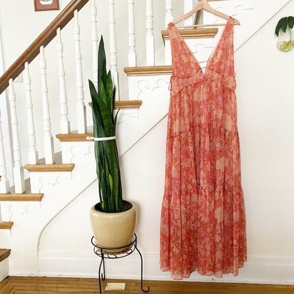 Chufy x Mango Women's Orange Floral Print Sleeveless V-Neck Maxi Dress Size S - Picture 3 of 7